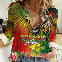 Hawaiian Reggae Women Casual Shirt Jawaiian One Love-Tribal Tatoos and Rastafari Lion LT03 Female Multicolor - Polynesian Pride