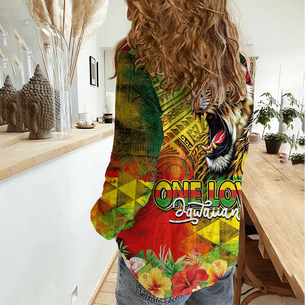 Hawaiian Reggae Women Casual Shirt Jawaiian One Love-Tribal Tatoos and Rastafari Lion LT03 - Polynesian Pride