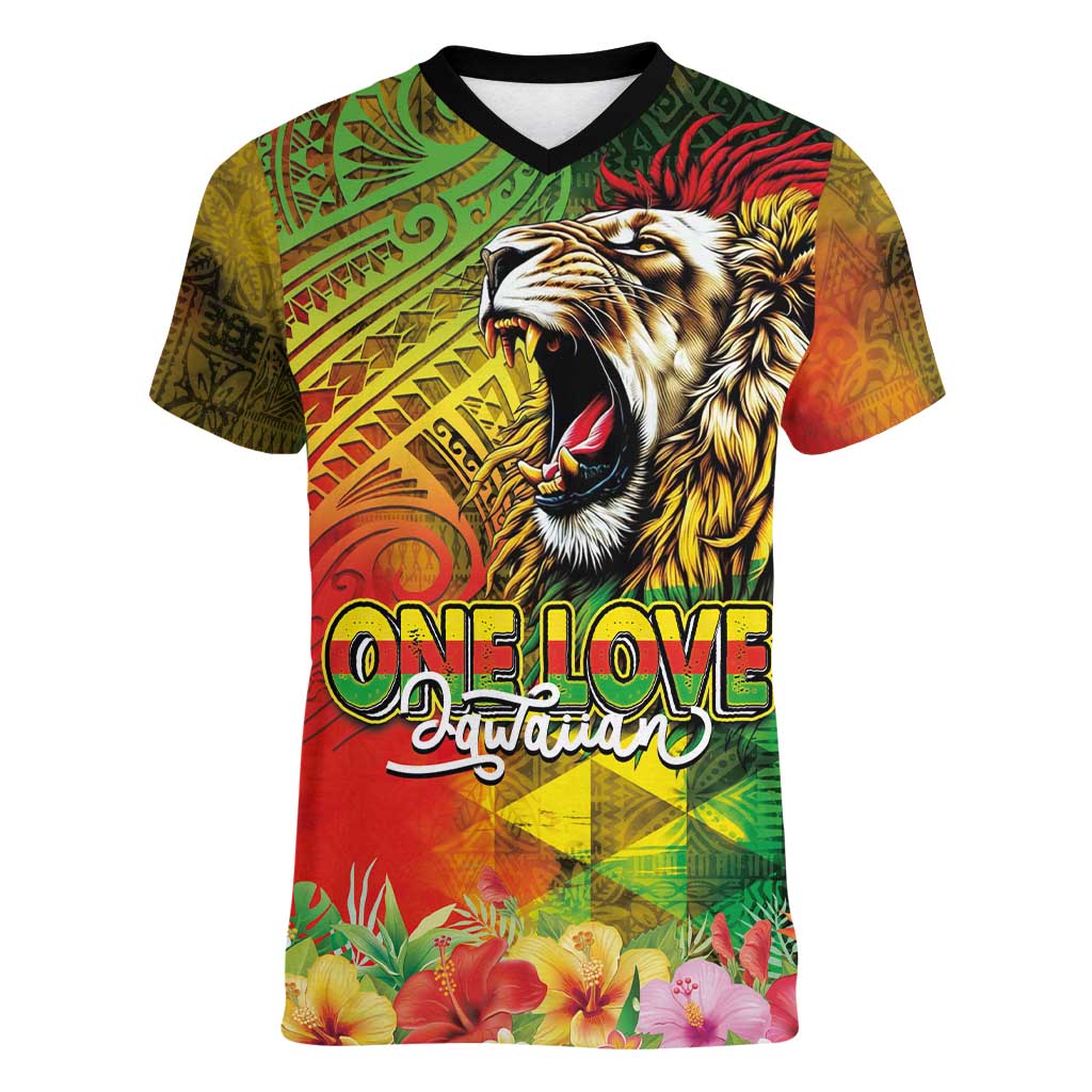 Hawaiian Reggae Women V-Neck T-Shirt Jawaiian One Love-Tribal Tatoos and Rastafari Lion LT03 Female Multicolor - Polynesian Pride