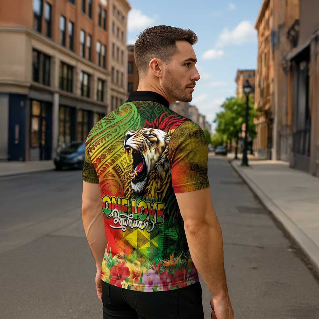 Hawaiian Reggae Zipper Polo Shirt Jawaiian One Love-Tribal Tatoos and Rastafari Lion LT03 - Polynesian Pride