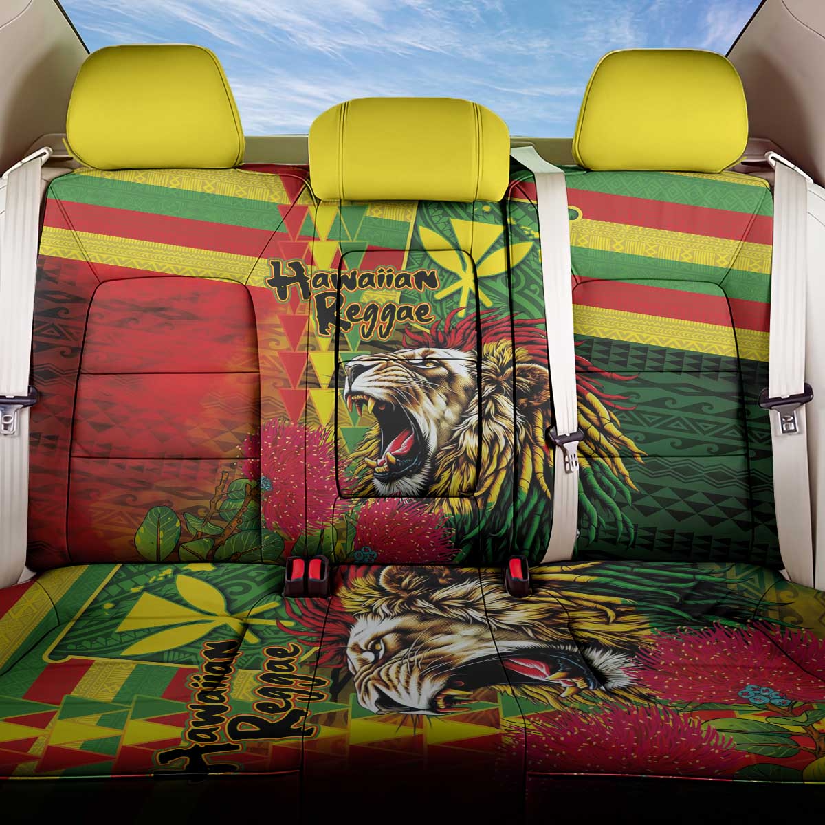 Hawaiian Reggae Back Car Seat Cover Kakau Art Motifs with Ohia Lehua and Rastafari Lion LT03 One Size Multicolor - Polynesian Pride