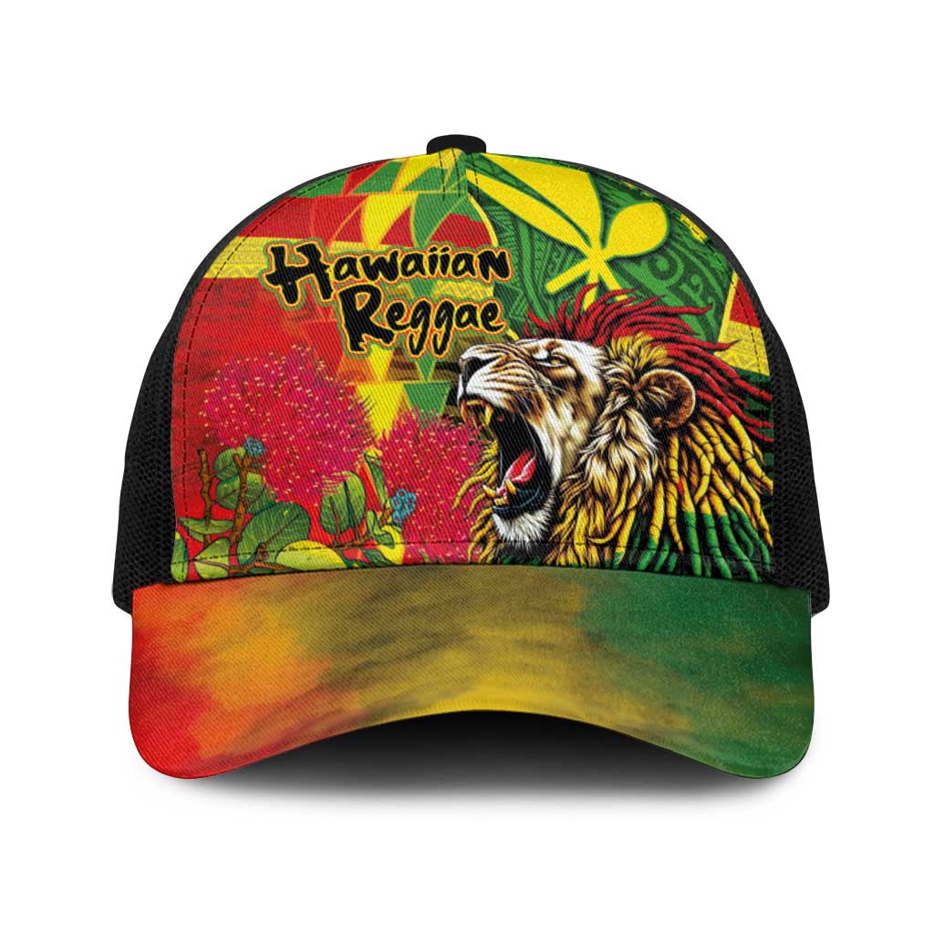 Hawaiian Reggae Baseball Net Cap Kakau Art Motifs with Ohia Lehua and Rastafari Lion - Polynesian Pride