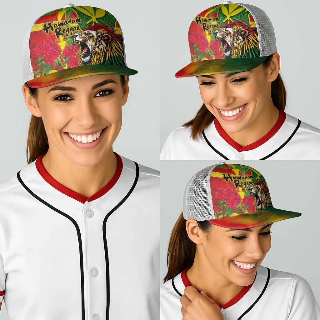 Hawaiian Reggae Baseball Net Cap Kakau Art Motifs with Ohia Lehua and Rastafari Lion - Polynesian Pride