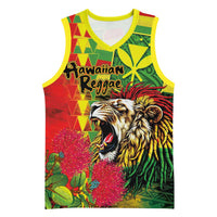Hawaiian Reggae Basketball Jersey Kakau Art Motifs with Ohia Lehua and Rastafari Lion LT03 Unisex Multicolor - Polynesian Pride