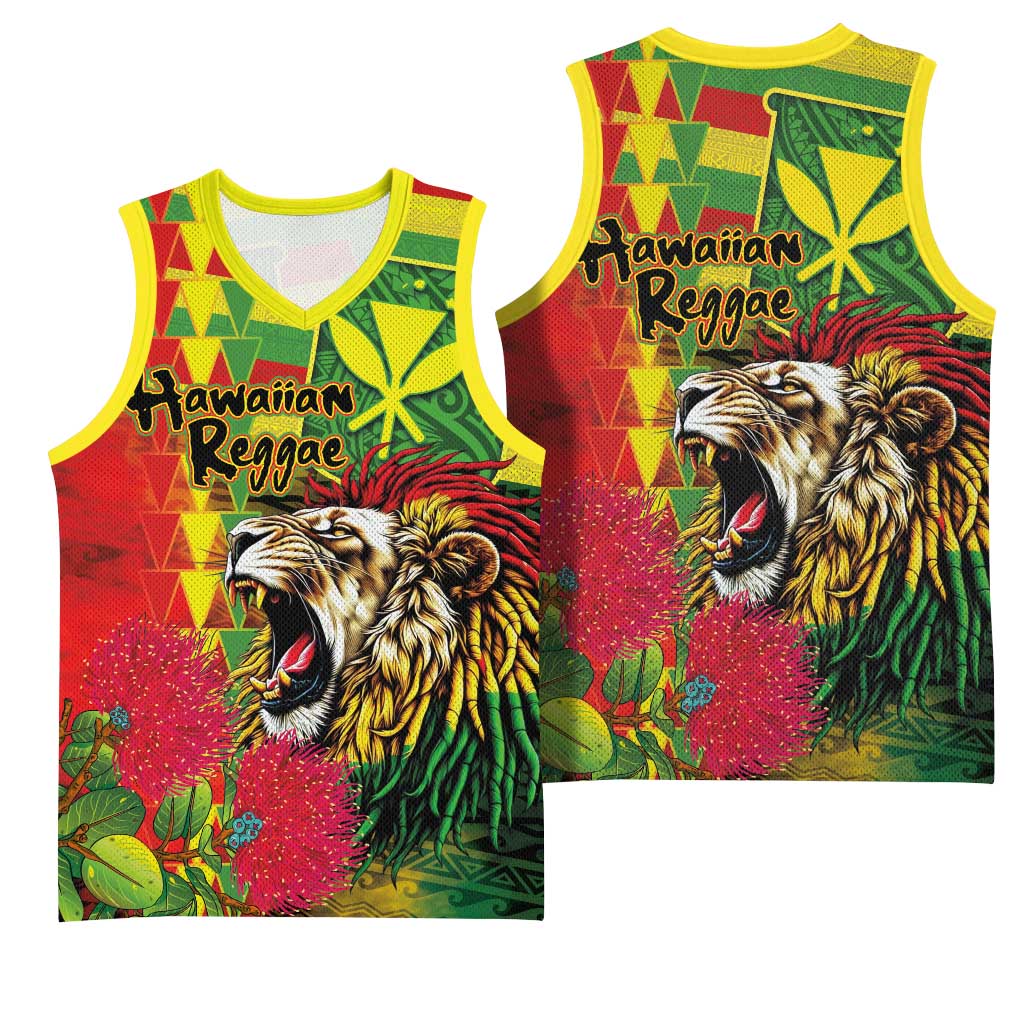 Hawaiian Reggae Basketball Jersey Kakau Art Motifs with Ohia Lehua and Rastafari Lion LT03 - Polynesian Pride