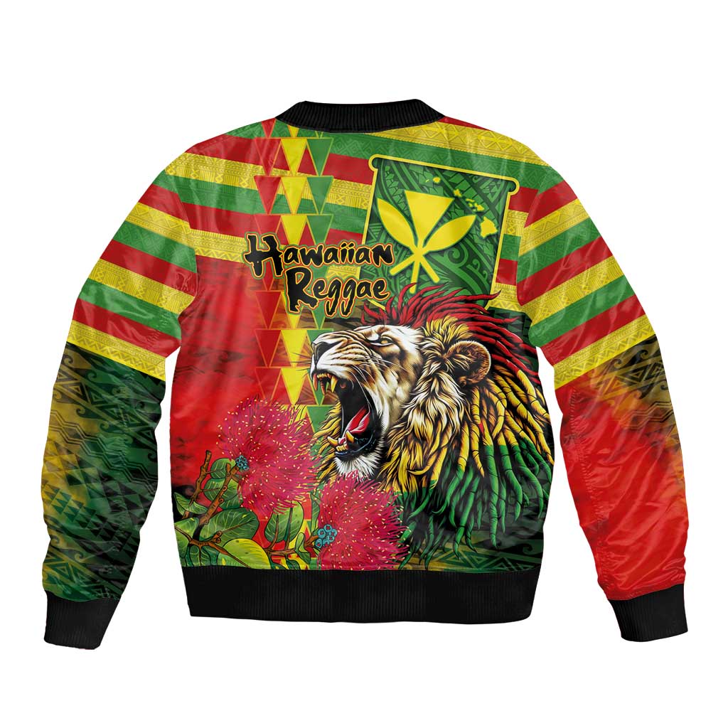 Hawaiian Reggae Bomber Jacket Kakau Art Motifs with Ohia Lehua and Rastafari Lion - Polynesian Pride