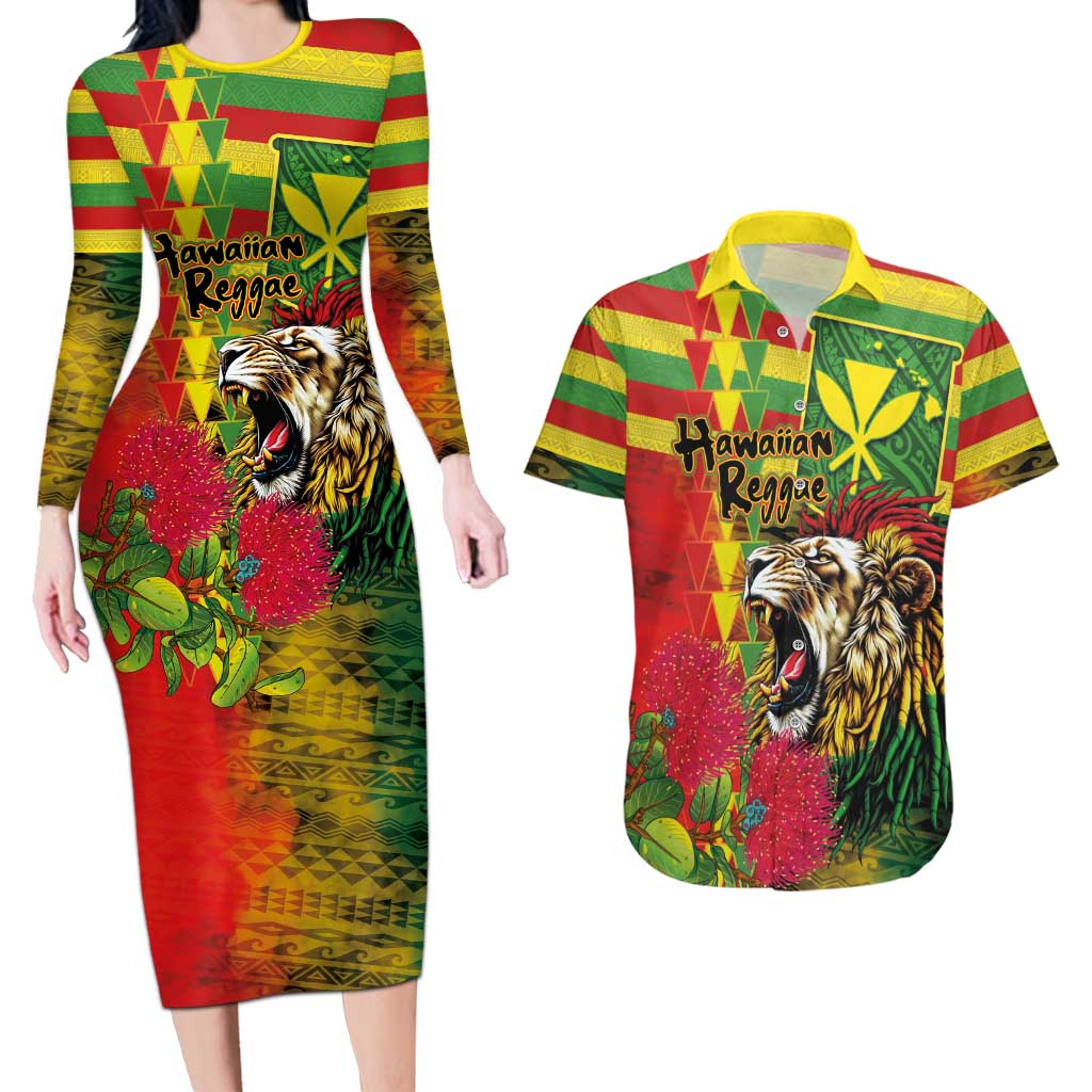 Hawaiian Reggae Couples Matching Long Sleeve Bodycon Dress and Hawaiian Shirt Kakau Art Motifs with Ohia Lehua and Rastafari Lion LT03 Multicolor - Polynesian Pride