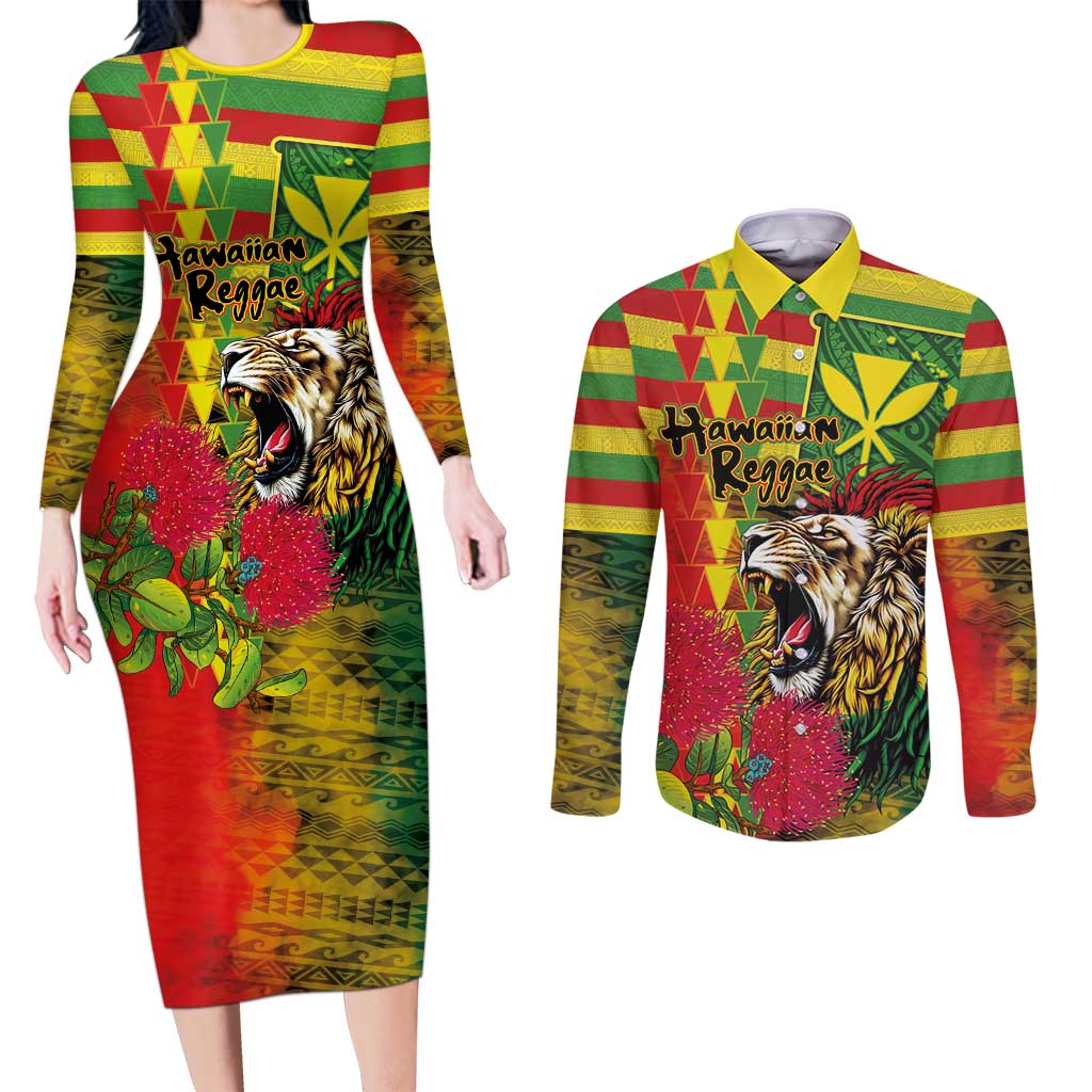 Hawaiian Reggae Couples Matching Long Sleeve Bodycon Dress and Long Sleeve Button Shirt Kakau Art Motifs with Ohia Lehua and Rastafari Lion LT03 Multicolor - Polynesian Pride
