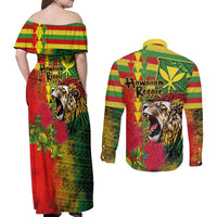 Hawaiian Reggae Couples Matching Off Shoulder Maxi Dress and Long Sleeve Button Shirt Kakau Art Motifs with Ohia Lehua and Rastafari Lion LT03 - Polynesian Pride