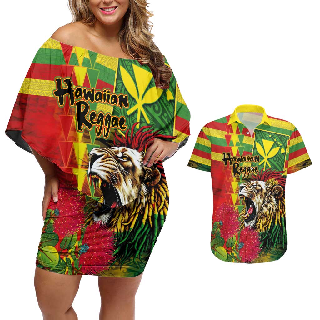 Hawaiian Reggae Couples Matching Off Shoulder Short Dress and Hawaiian Shirt Kakau Art Motifs with Ohia Lehua and Rastafari Lion LT03 Multicolor - Polynesian Pride