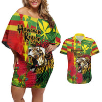Hawaiian Reggae Couples Matching Off Shoulder Short Dress and Hawaiian Shirt Kakau Art Motifs with Ohia Lehua and Rastafari Lion LT03 Multicolor - Polynesian Pride