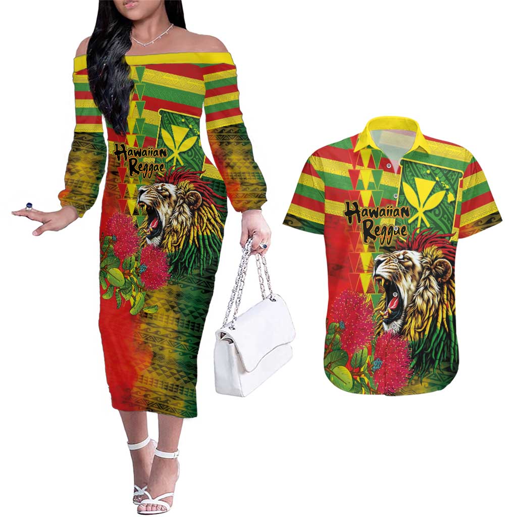Hawaiian Reggae Couples Matching Off The Shoulder Long Sleeve Dress and Hawaiian Shirt Kakau Art Motifs with Ohia Lehua and Rastafari Lion LT03 Multicolor - Polynesian Pride