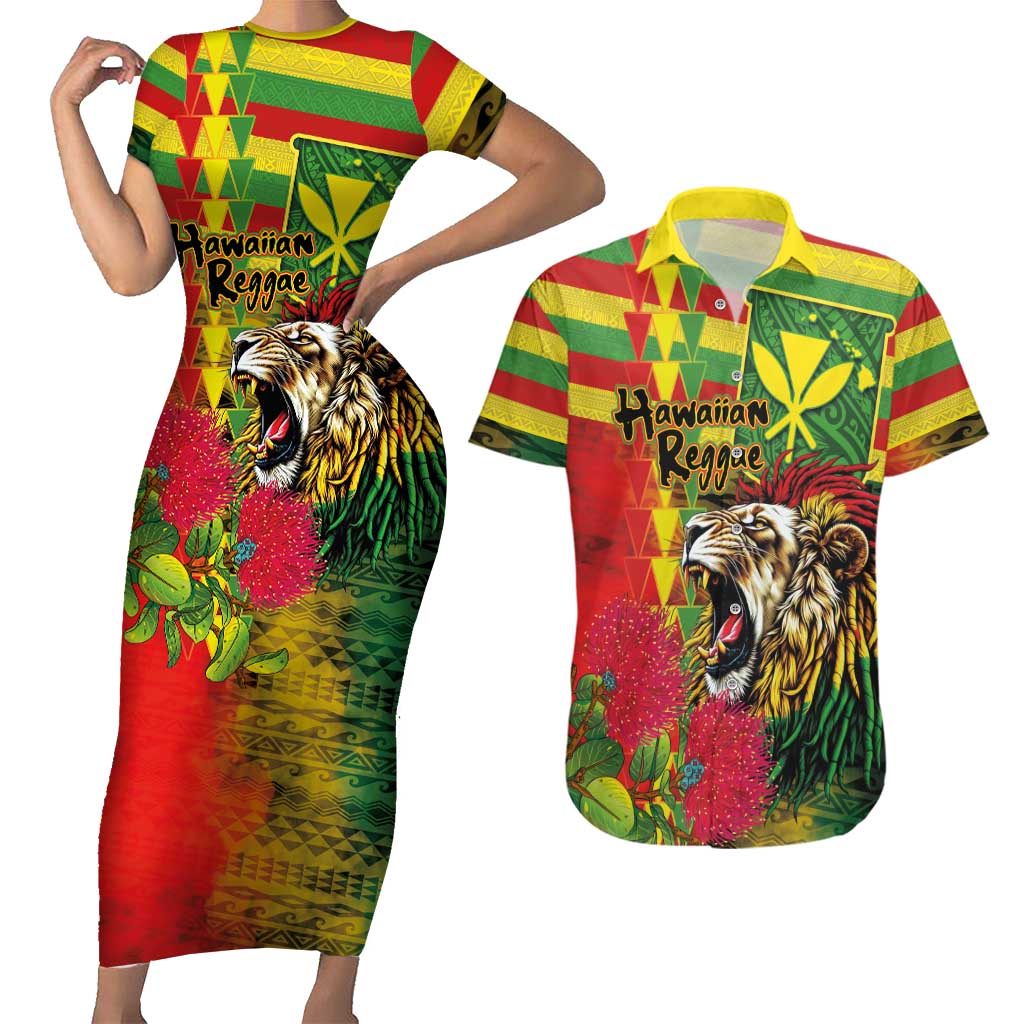 Hawaiian Reggae Couples Matching Short Sleeve Bodycon Dress and Hawaiian Shirt Kakau Art Motifs with Ohia Lehua and Rastafari Lion LT03 Multicolor - Polynesian Pride