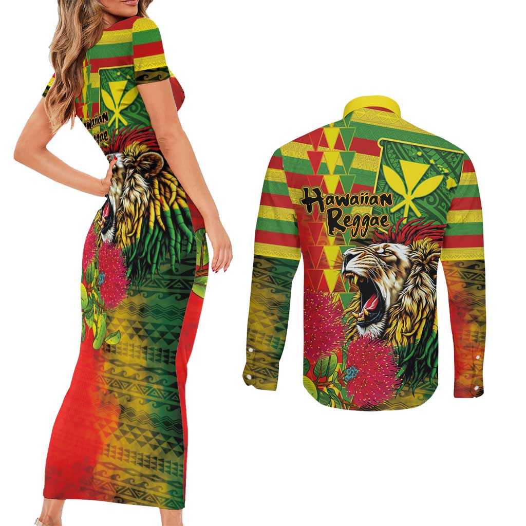 Hawaiian Reggae Couples Matching Short Sleeve Bodycon Dress and Long Sleeve Button Shirt Kakau Art Motifs with Ohia Lehua and Rastafari Lion LT03 - Polynesian Pride