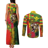 Hawaiian Reggae Couples Matching Tank Maxi Dress and Long Sleeve Button Shirt Kakau Art Motifs with Ohia Lehua and Rastafari Lion LT03 - Polynesian Pride