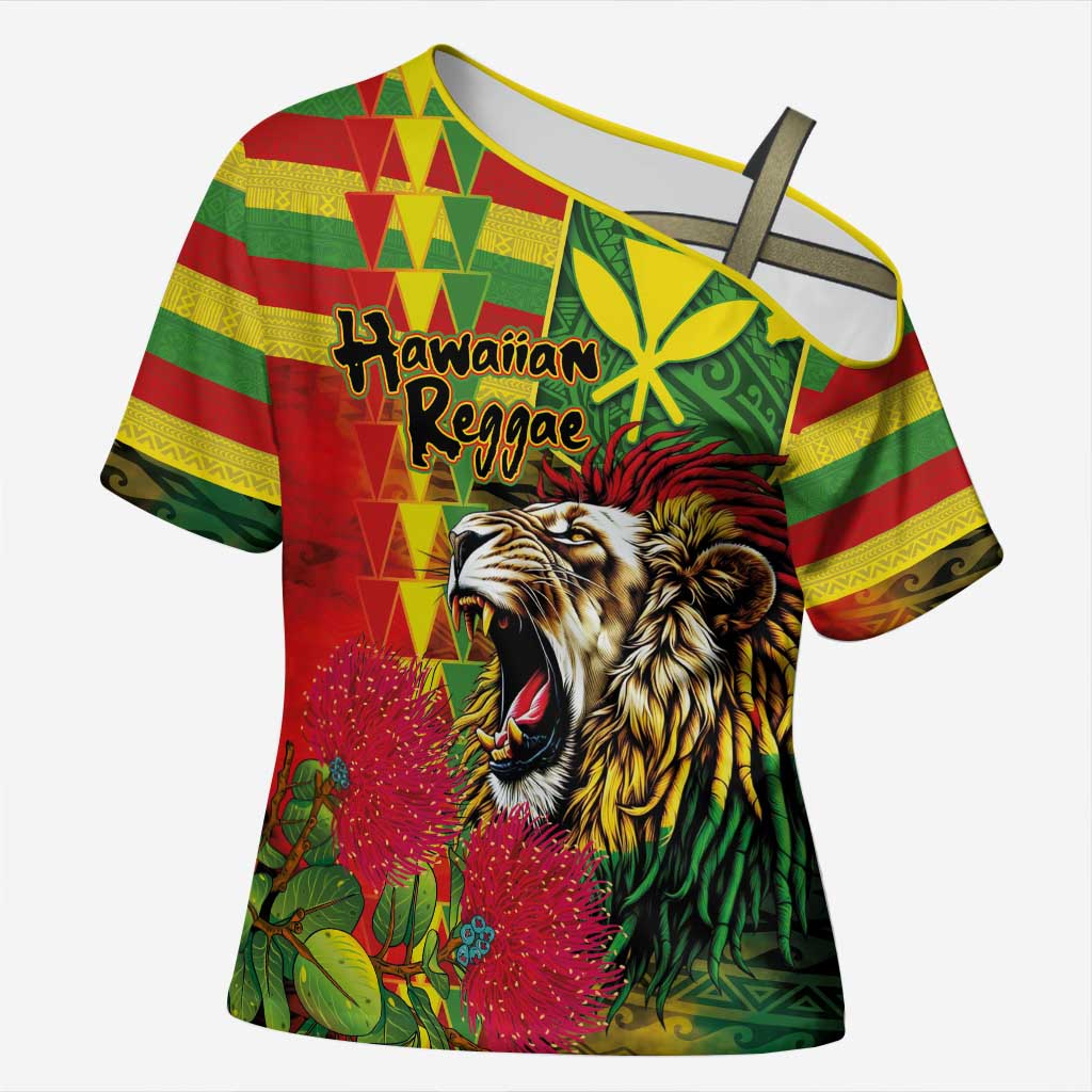 Hawaiian Reggae Cross Shoulder Shirt Kakau Art Motifs with Ohia Lehua and Rastafari Lion LT03 Female Multicolor - Polynesian Pride