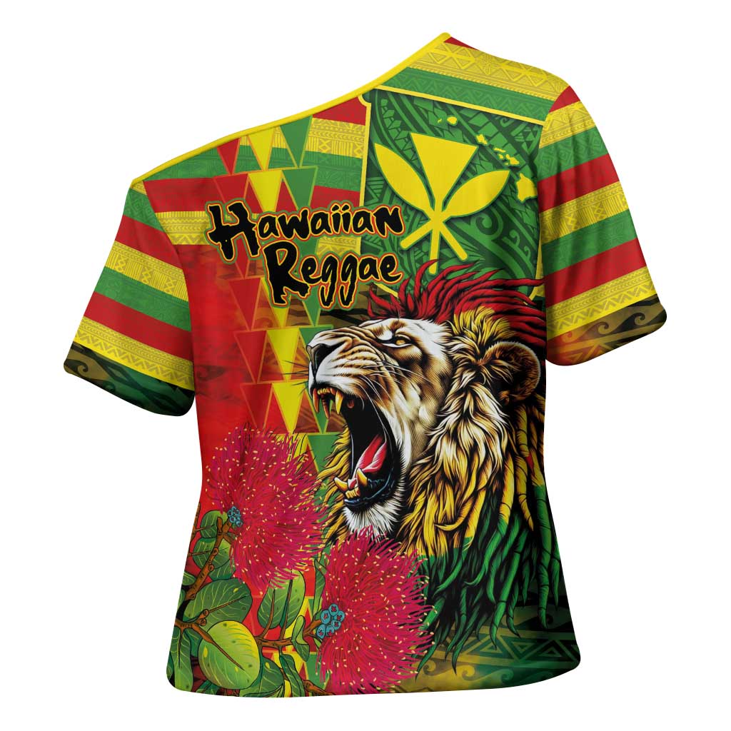 Hawaiian Reggae Cross Shoulder Shirt Kakau Art Motifs with Ohia Lehua and Rastafari Lion LT03 - Polynesian Pride