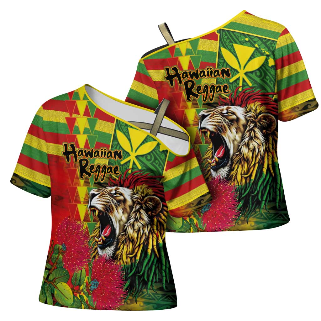 Hawaiian Reggae Cross Shoulder Shirt Kakau Art Motifs with Ohia Lehua and Rastafari Lion LT03 - Polynesian Pride