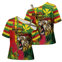 Hawaiian Reggae Cross Shoulder Shirt Kakau Art Motifs with Ohia Lehua and Rastafari Lion LT03 - Polynesian Pride