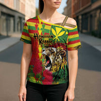 Hawaiian Reggae Cross Shoulder Shirt Kakau Art Motifs with Ohia Lehua and Rastafari Lion LT03 - Polynesian Pride
