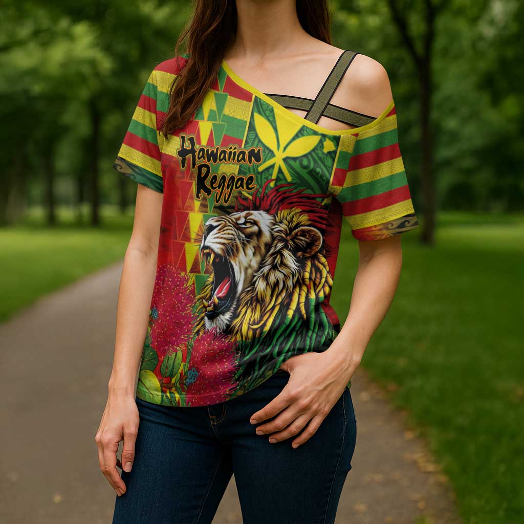 Hawaiian Reggae Cross Shoulder Shirt Kakau Art Motifs with Ohia Lehua and Rastafari Lion LT03 - Polynesian Pride