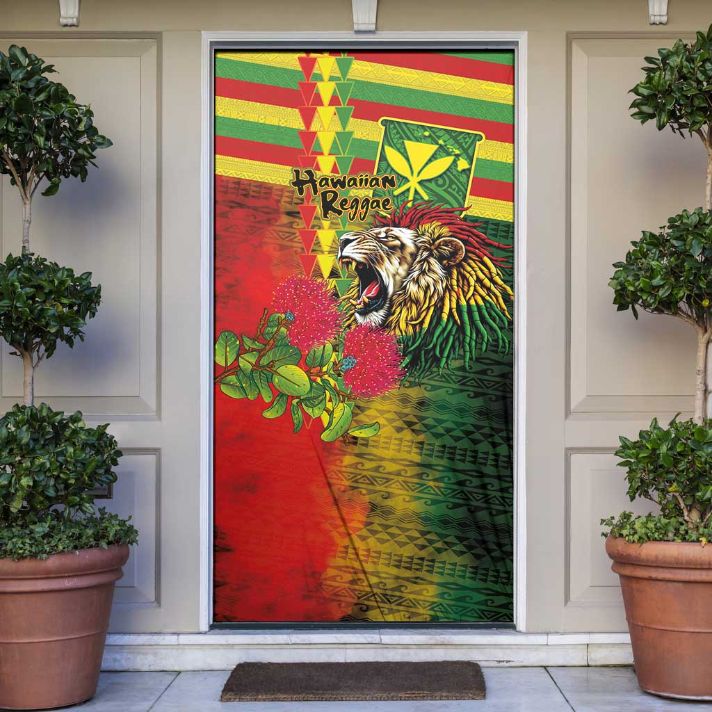 Hawaiian Reggae Door Cover Kakau Art Motifs with Ohia Lehua and Rastafari Lion LT03 Multicolor - Polynesian Pride