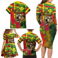 Hawaiian Reggae Family Matching Long Sleeve Bodycon Dress and Hawaiian Shirt Kakau Art Motifs with Ohia Lehua and Rastafari Lion LT03 - Polynesian Pride