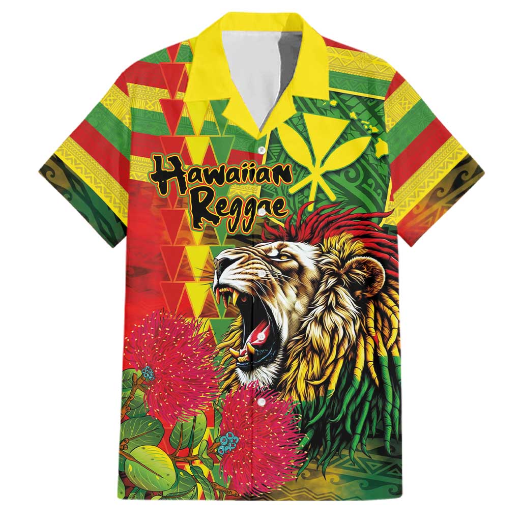 Hawaiian Reggae Family Matching Long Sleeve Bodycon Dress and Hawaiian Shirt Kakau Art Motifs with Ohia Lehua and Rastafari Lion LT03 Dad's Shirt - Short Sleeve Multicolor - Polynesian Pride