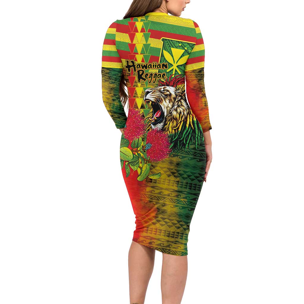 Hawaiian Reggae Family Matching Long Sleeve Bodycon Dress and Hawaiian Shirt Kakau Art Motifs with Ohia Lehua and Rastafari Lion LT03 - Polynesian Pride