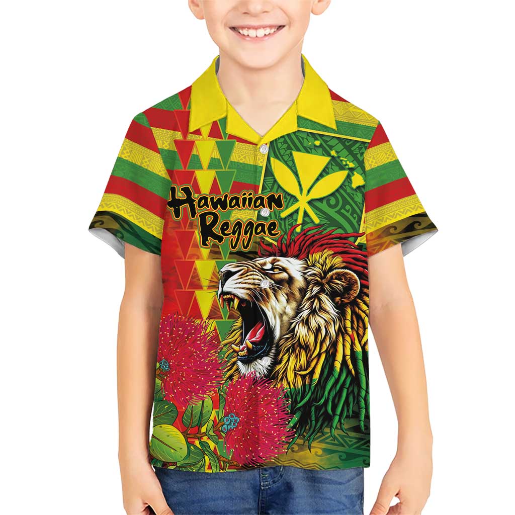Hawaiian Reggae Family Matching Long Sleeve Bodycon Dress and Hawaiian Shirt Kakau Art Motifs with Ohia Lehua and Rastafari Lion LT03 Son's Shirt Multicolor - Polynesian Pride