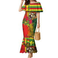 Hawaiian Reggae Family Matching Mermaid Dress and Hawaiian Shirt Kakau Art Motifs with Ohia Lehua and Rastafari Lion LT03 Mom's Dress Multicolor - Polynesian Pride