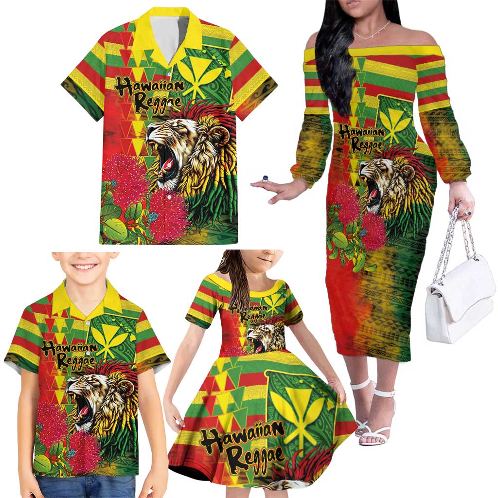 Hawaiian Reggae Family Matching Off The Shoulder Long Sleeve Dress and Hawaiian Shirt Kakau Art Motifs with Ohia Lehua and Rastafari Lion LT03 - Polynesian Pride
