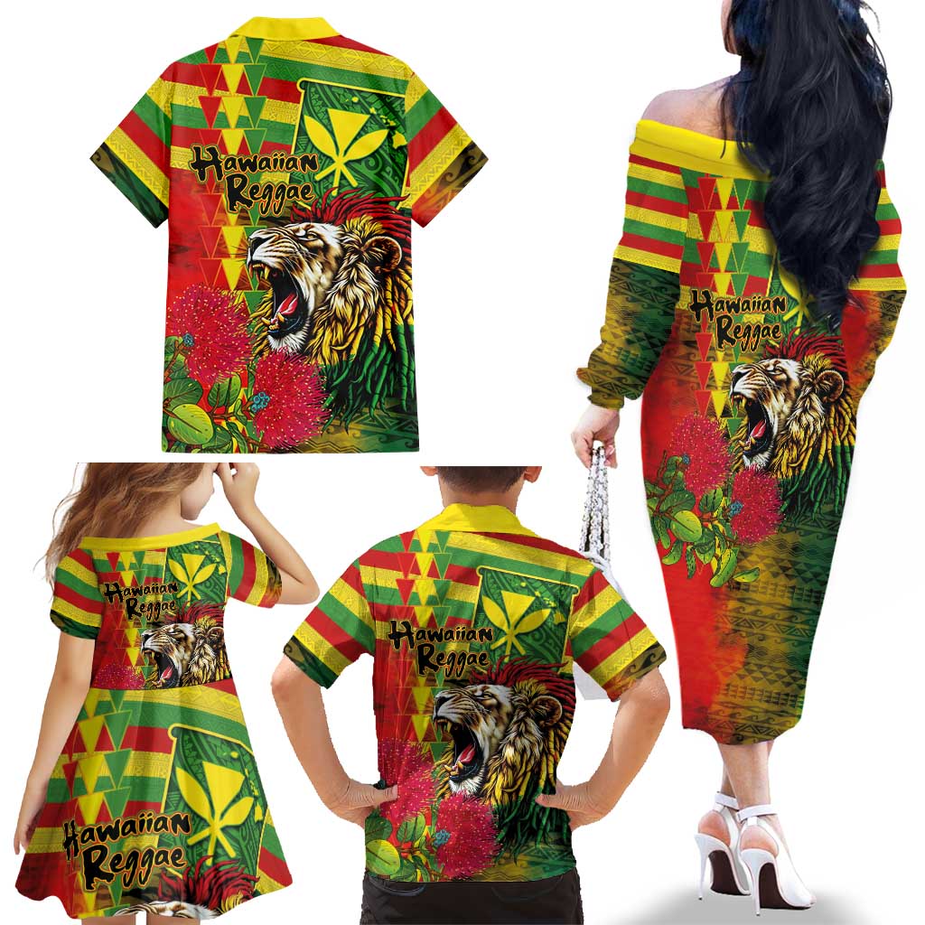 Hawaiian Reggae Family Matching Off The Shoulder Long Sleeve Dress and Hawaiian Shirt Kakau Art Motifs with Ohia Lehua and Rastafari Lion LT03 - Polynesian Pride