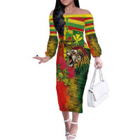 Hawaiian Reggae Family Matching Off The Shoulder Long Sleeve Dress and Hawaiian Shirt Kakau Art Motifs with Ohia Lehua and Rastafari Lion LT03 Mom's Dress Multicolor - Polynesian Pride