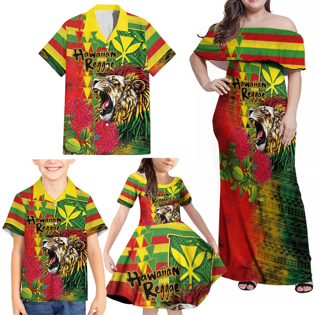 Hawaiian Reggae Family Matching Off Shoulder Maxi Dress and Hawaiian Shirt Kakau Art Motifs with Ohia Lehua and Rastafari Lion - Polynesian Pride