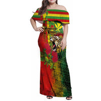 Hawaiian Reggae Family Matching Off Shoulder Maxi Dress and Hawaiian Shirt Kakau Art Motifs with Ohia Lehua and Rastafari Lion LT03 Mom's Dress Multicolor - Polynesian Pride
