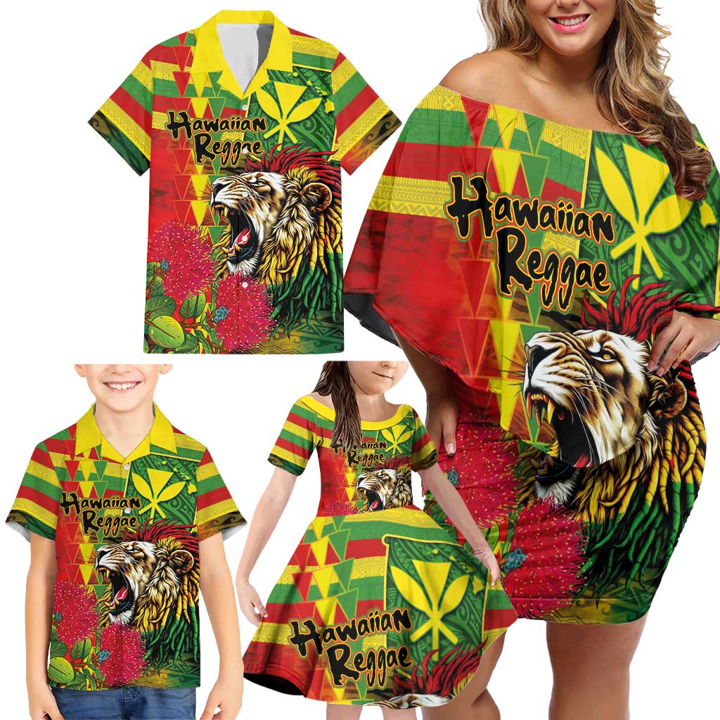 Hawaiian Reggae Family Matching Off Shoulder Short Dress and Hawaiian Shirt Kakau Art Motifs with Ohia Lehua and Rastafari Lion - Polynesian Pride