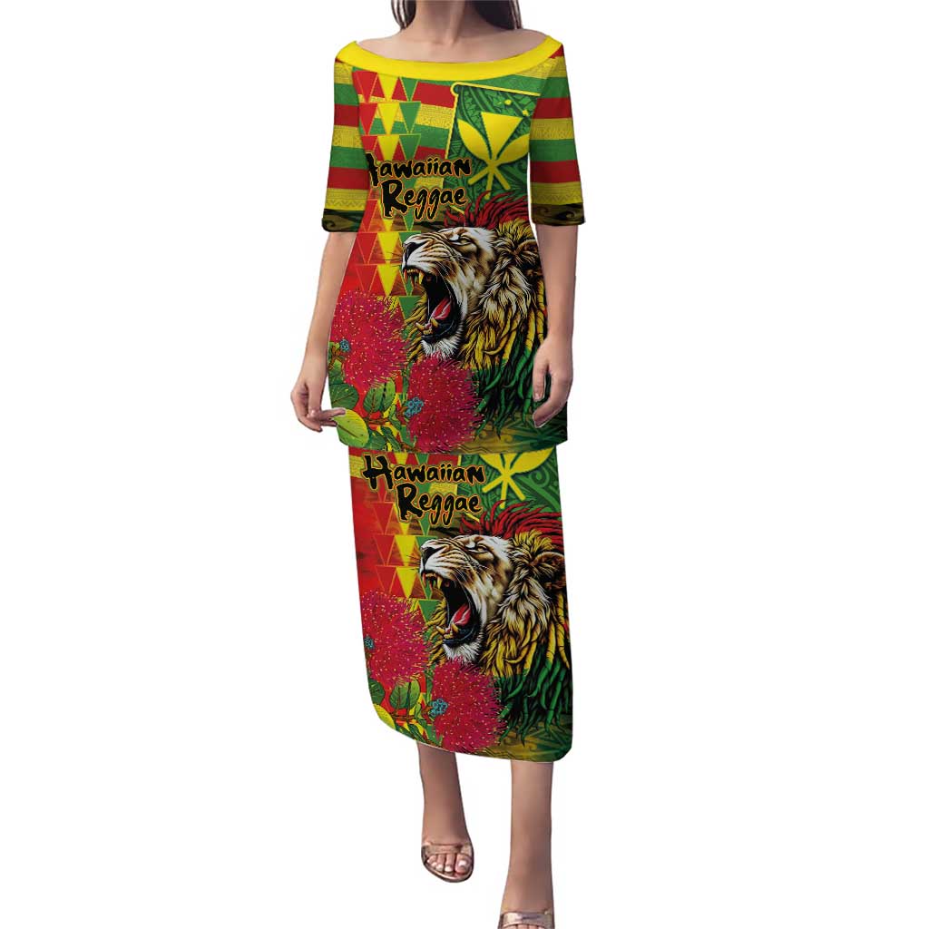 Hawaiian Reggae Family Matching Puletasi and Hawaiian Shirt Kakau Art Motifs with Ohia Lehua and Rastafari Lion LT03 Mom's Dress Multicolor - Polynesian Pride