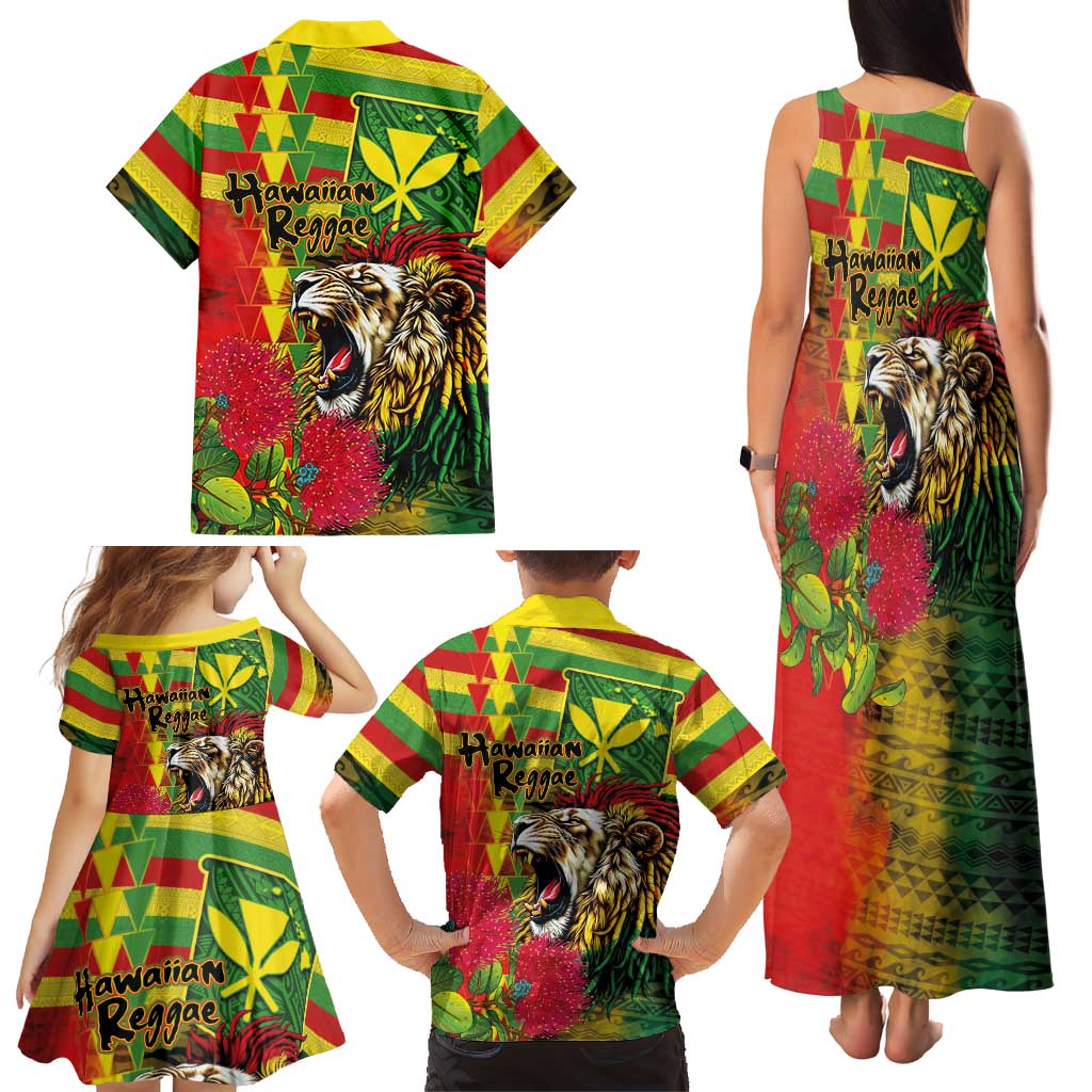 Hawaiian Reggae Family Matching Tank Maxi Dress and Hawaiian Shirt Kakau Art Motifs with Ohia Lehua and Rastafari Lion LT03 - Polynesian Pride