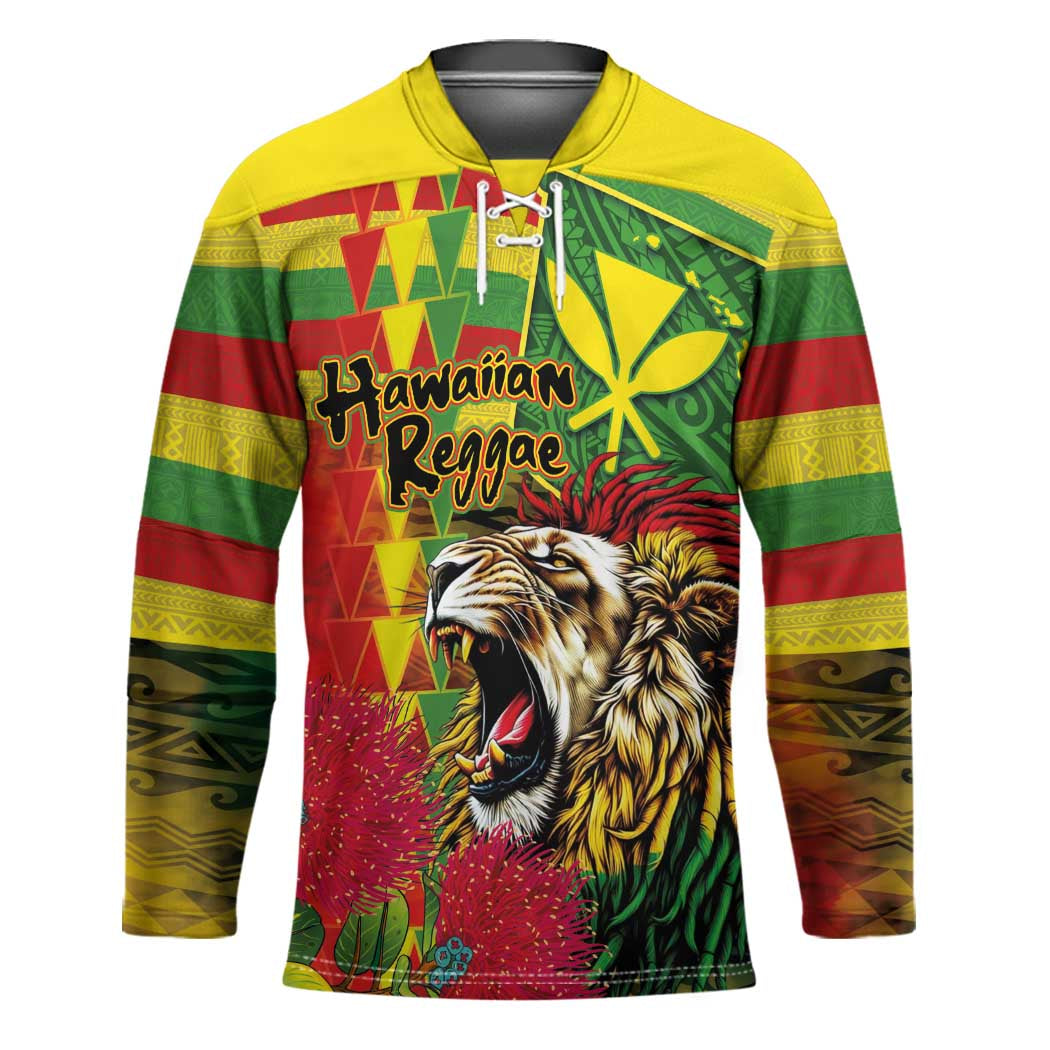 Hawaiian Reggae Hockey Jersey Kakau Art Motifs with Ohia Lehua and Rastafari Lion LT03 Unisex Multicolor - Polynesian Pride