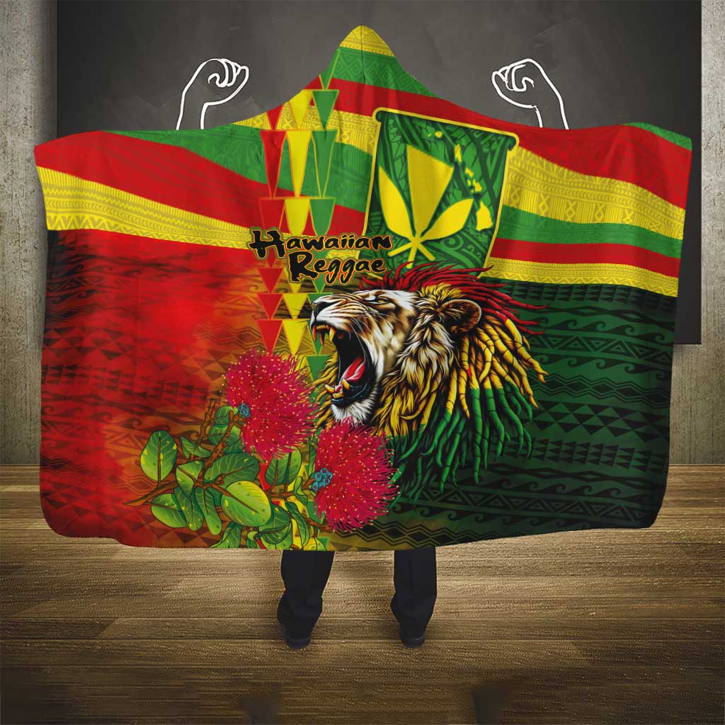 Hawaiian Reggae Hooded Blanket Kakau Art Motifs with Ohia Lehua and Rastafari Lion - Polynesian Pride