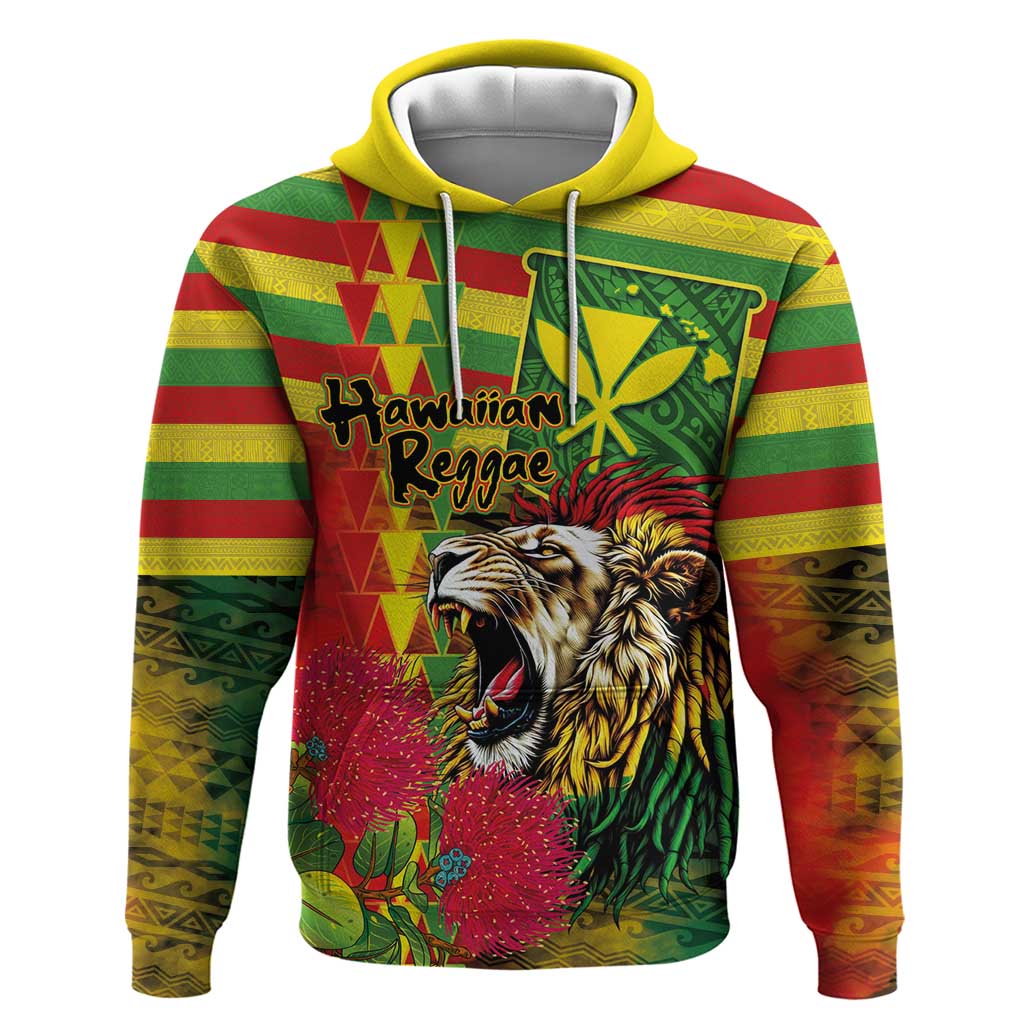 Hawaiian Reggae Hoodie Kakau Art Motifs with Ohia Lehua and Rastafari Lion LT03 Pullover Hoodie Multicolor - Polynesian Pride
