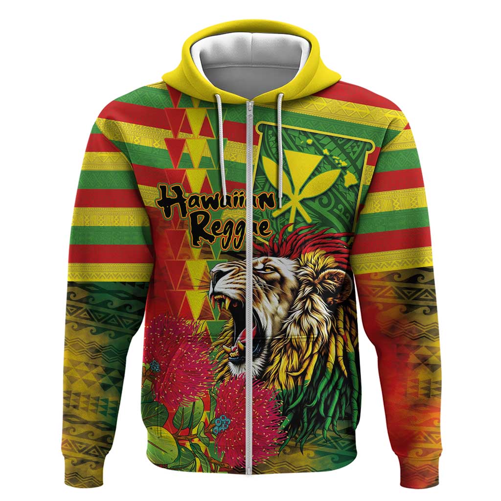 Hawaiian Reggae Hoodie Kakau Art Motifs with Ohia Lehua and Rastafari Lion LT03 Zip Hoodie Multicolor - Polynesian Pride