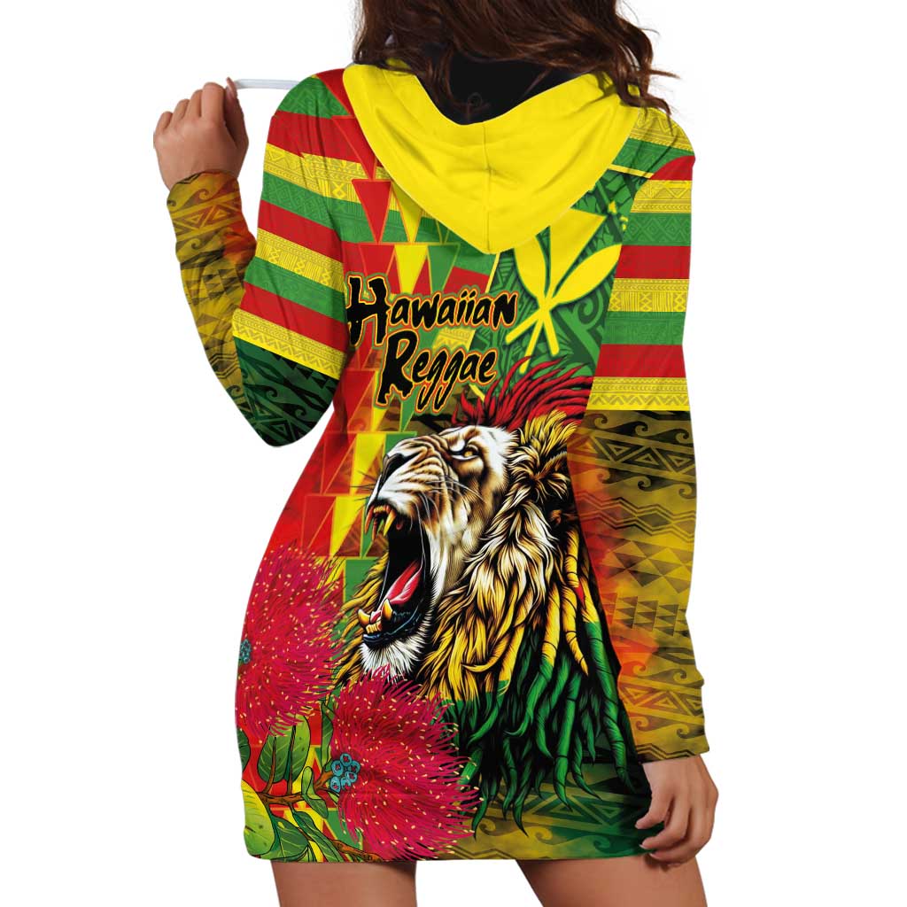Hawaiian Reggae Hoodie Dress Kakau Art Motifs with Ohia Lehua and Rastafari Lion LT03 - Polynesian Pride