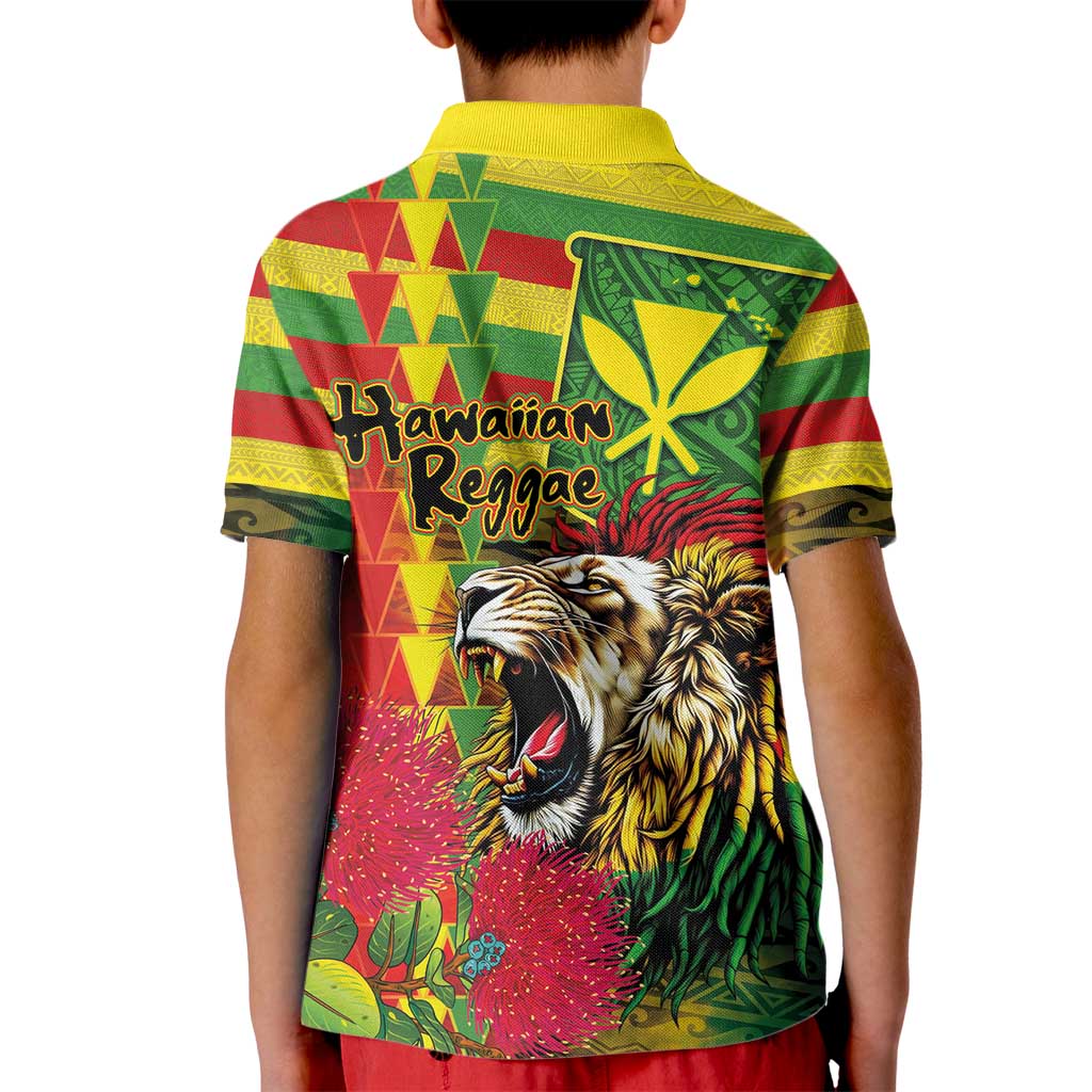 Hawaiian Reggae Kid Polo Shirt Kakau Art Motifs with Ohia Lehua and Rastafari Lion LT03 - Polynesian Pride