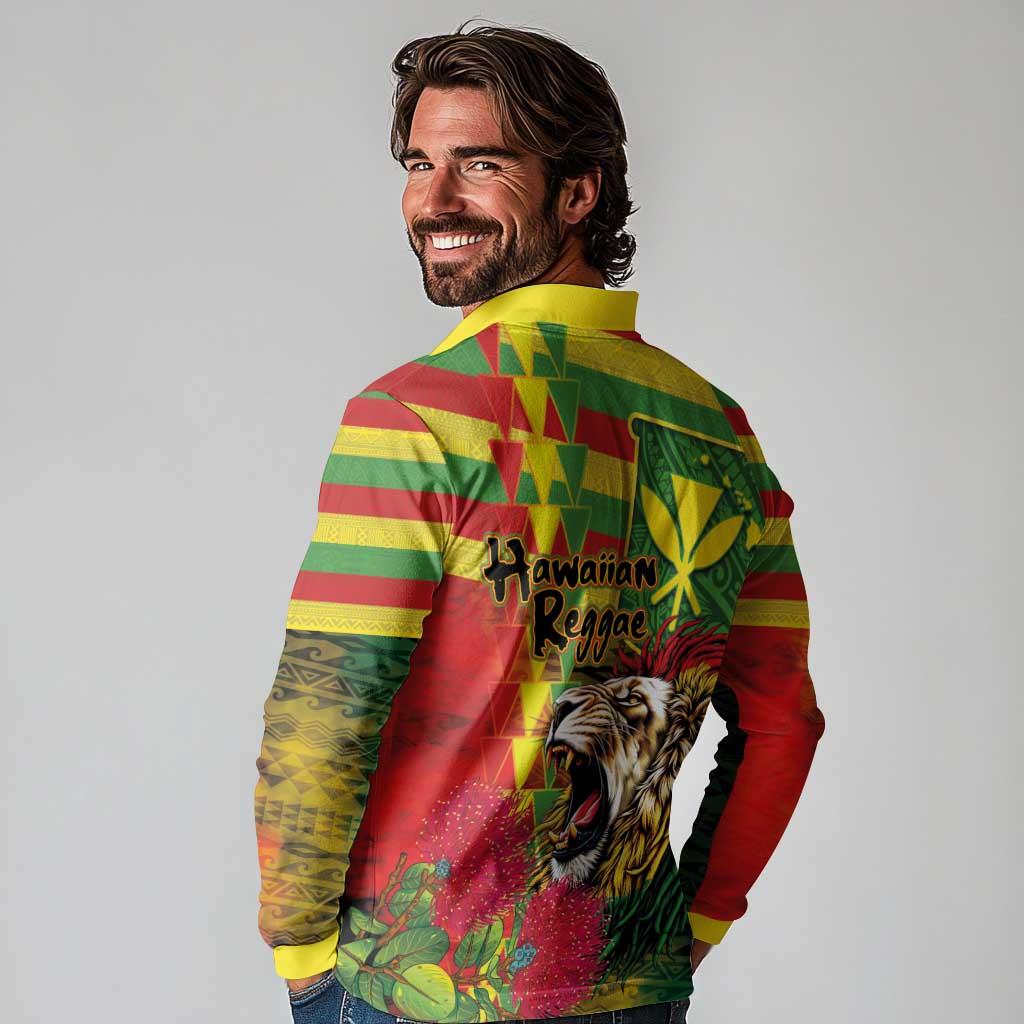 Hawaiian Reggae Long Sleeve Polo Shirt Kakau Art Motifs with Ohia Lehua and Rastafari Lion LT03 - Polynesian Pride