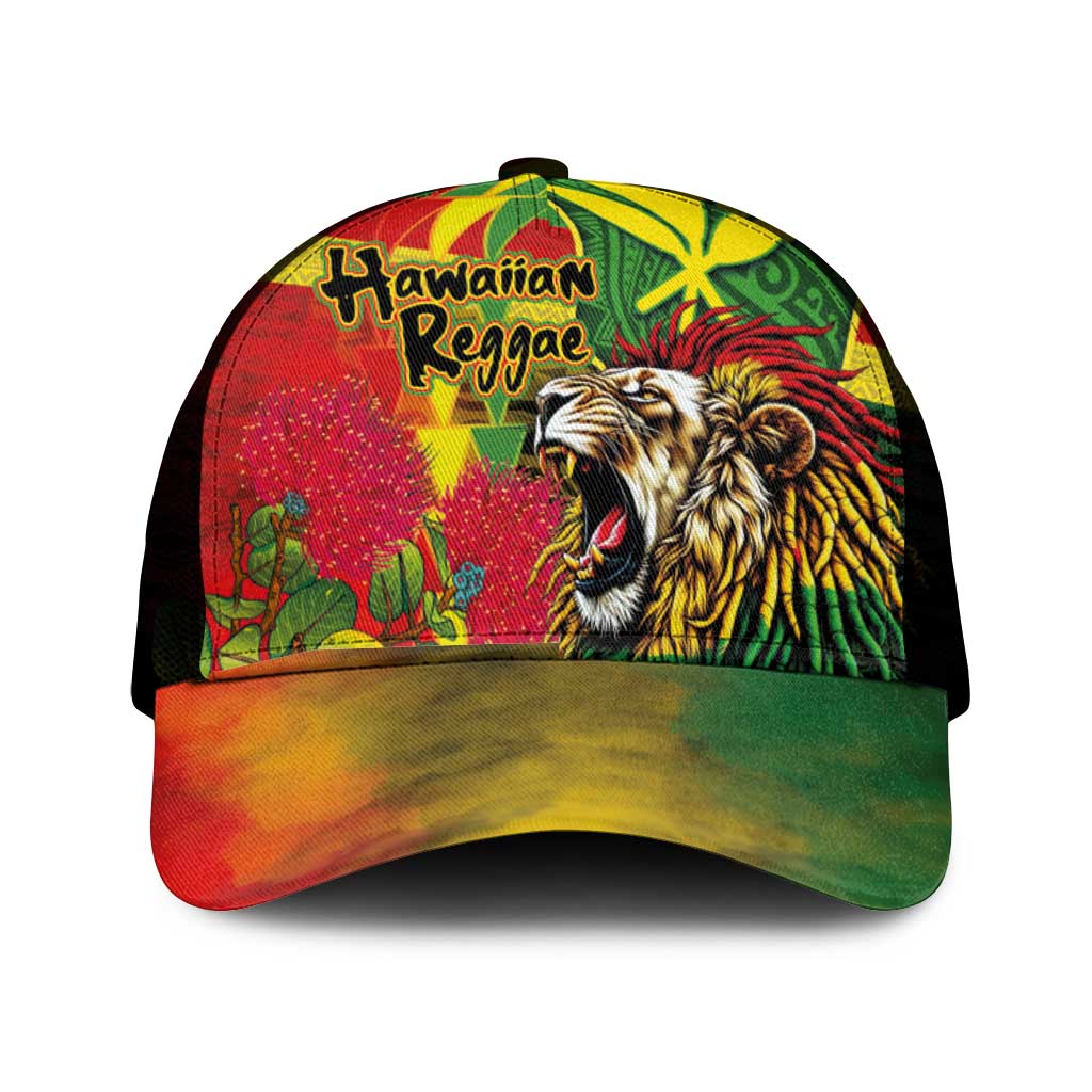 Hawaiian Reggae Mesh Trucker Cap Kakau Art Motifs with Ohia Lehua and Rastafari Lion - Polynesian Pride