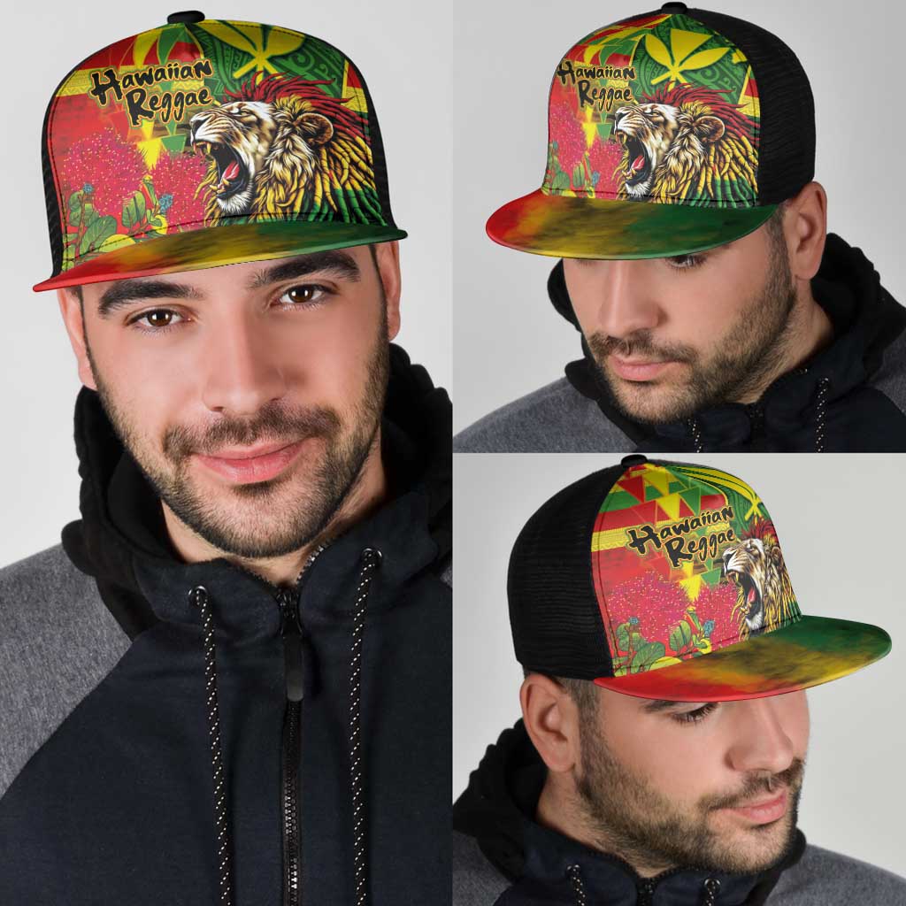 Hawaiian Reggae Mesh Trucker Cap Kakau Art Motifs with Ohia Lehua and Rastafari Lion - Polynesian Pride
