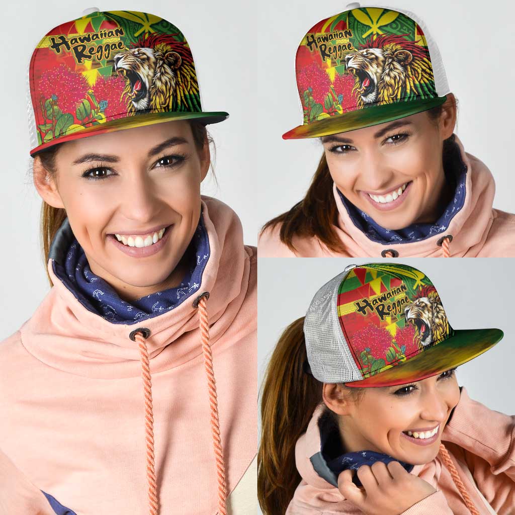 Hawaiian Reggae Mesh Trucker Cap Kakau Art Motifs with Ohia Lehua and Rastafari Lion - Polynesian Pride