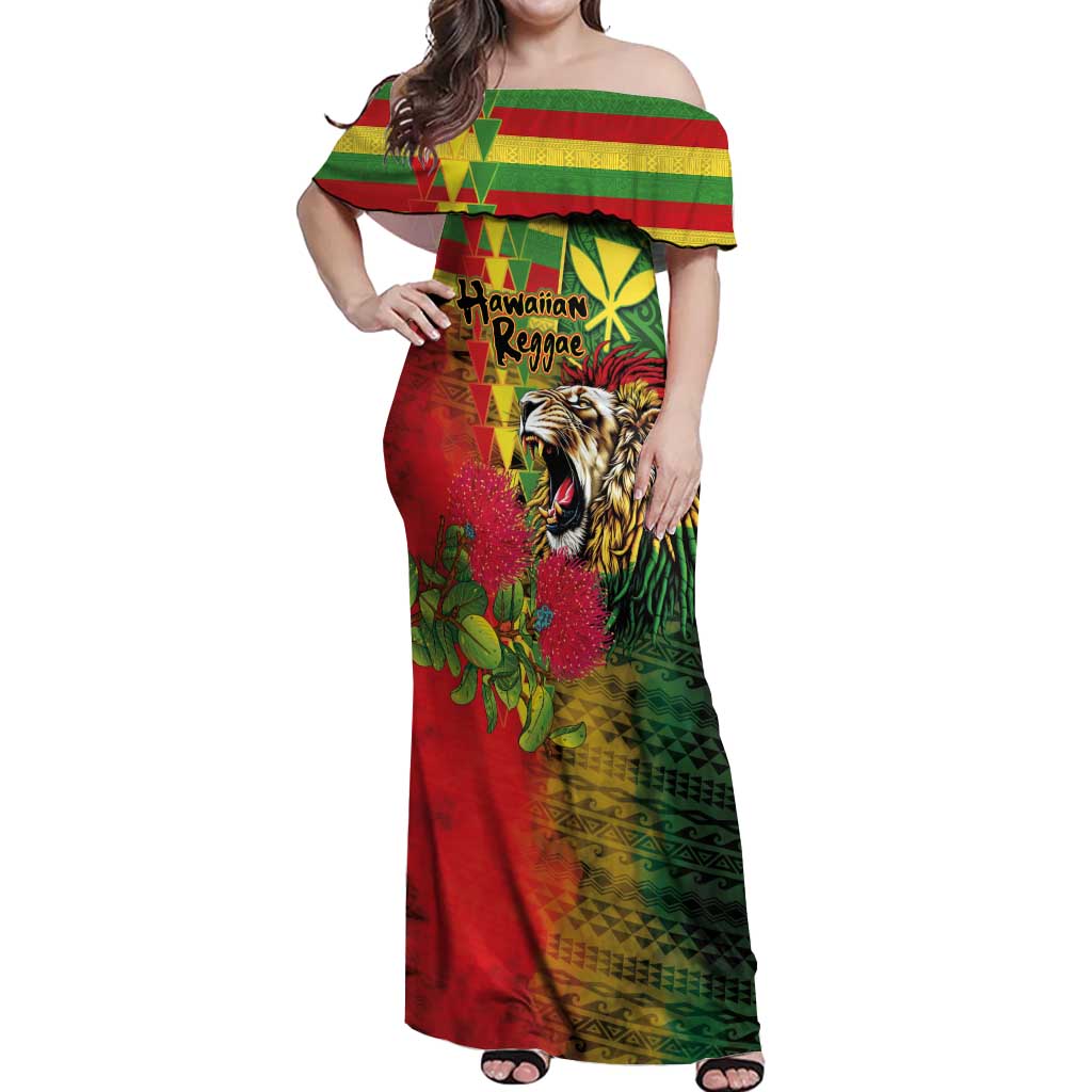 Hawaiian Reggae Off Shoulder Maxi Dress Kakau Art Motifs with Ohia Lehua and Rastafari Lion LT03 Women Multicolor - Polynesian Pride